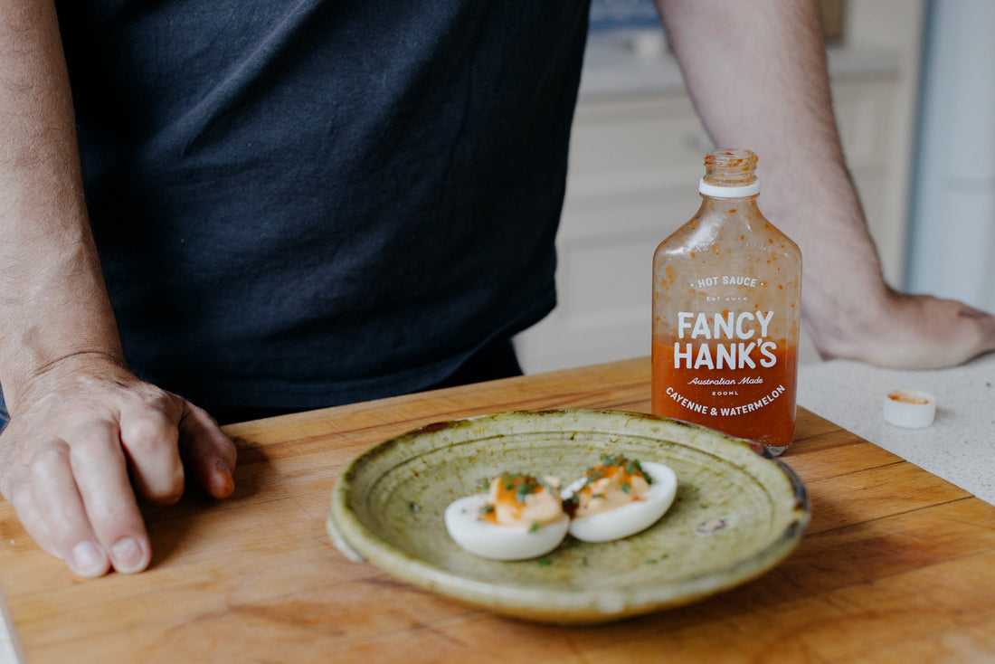 Devilled Eggs with Cayenne & Watermelon Hot Sauce