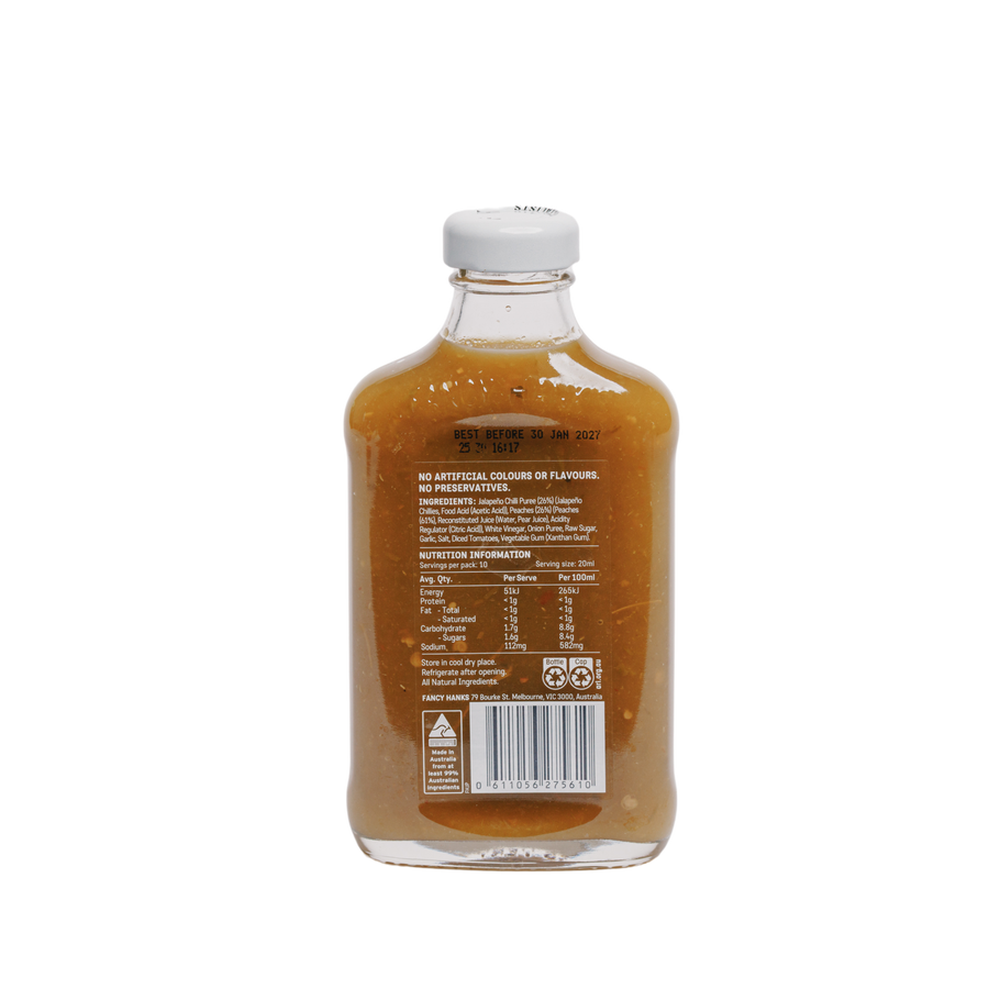 Back label of Jalapeño & Peach Hot Sauce