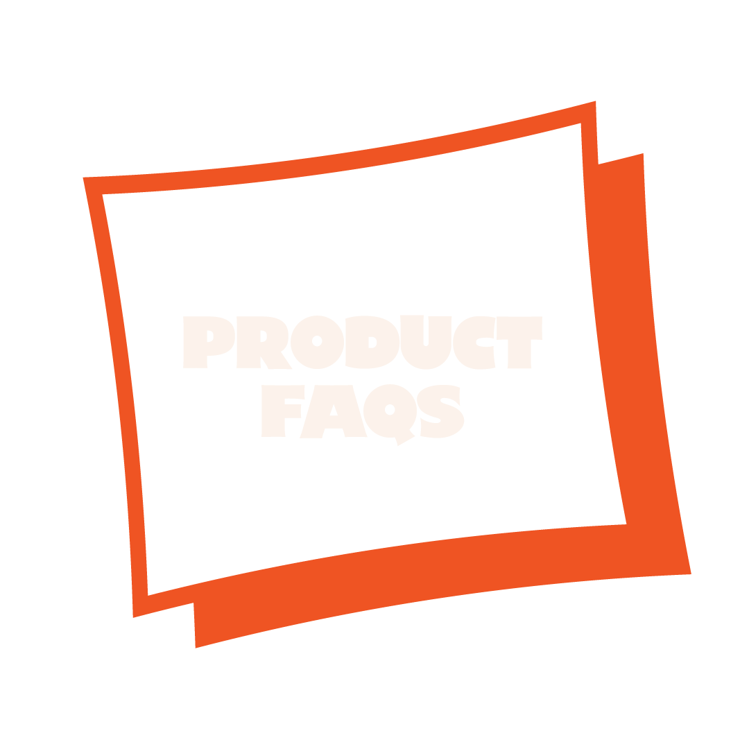 Rectangular white frame with orange border containing 'PRODUCT FAQs' text on a white background