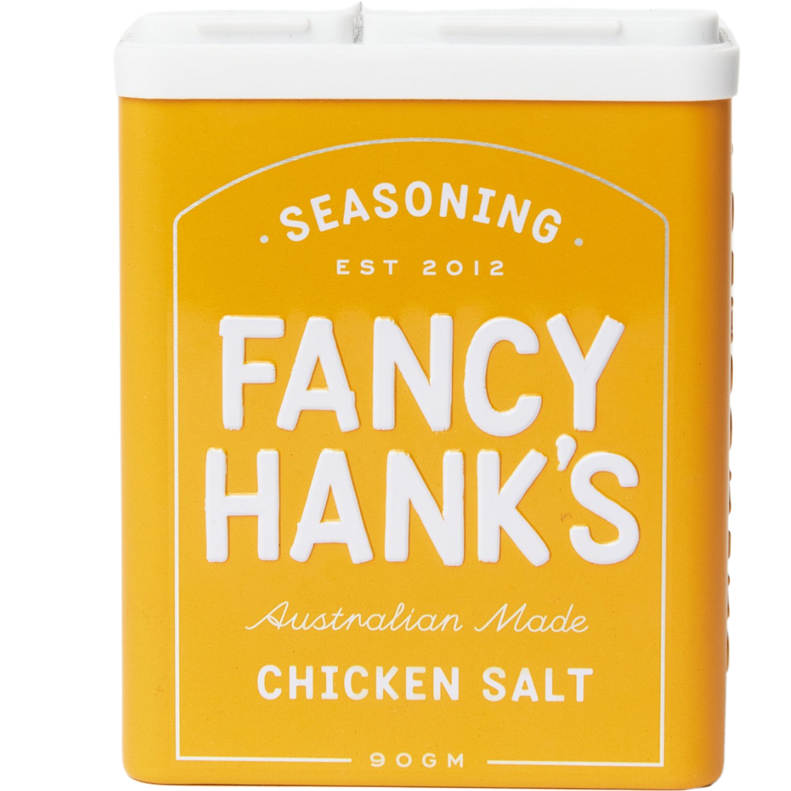 A yellow tin of Fancy Hanks Chicken Salt seasoning.