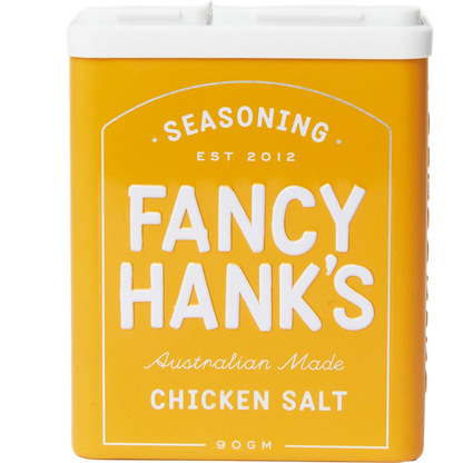 A yellow tin of Fancy Hanks Chicken Salt seasoning.