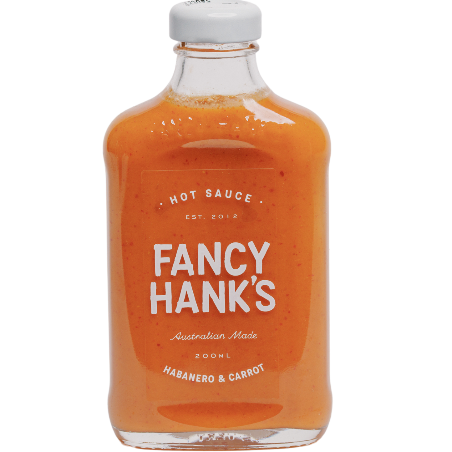 A bottle of Fancy Hank's Habanero & Carrot Hot Sauce