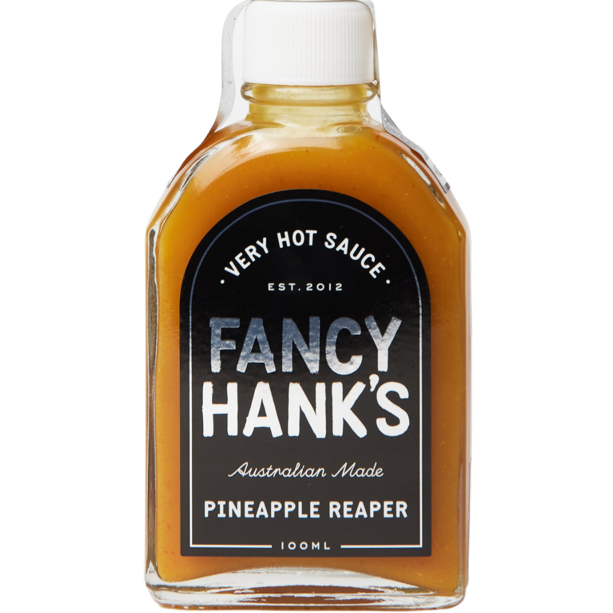 Bottle of Fancy Hank's Pineapple Reaper hot sauce